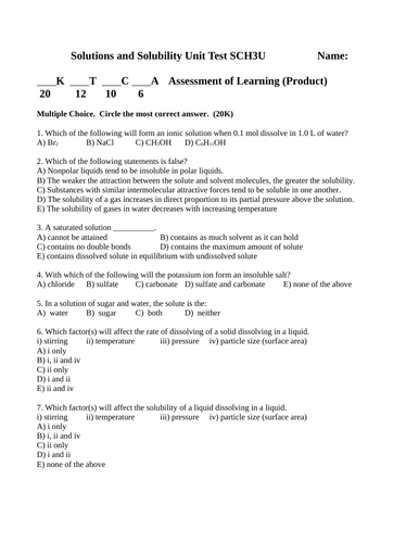 SOLUTIONS UNIT TEST SCH3U Grade 11 Chemistry Solubility Test WITH ANSWERS #12