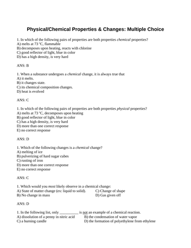 PHYSICAL AND CHEMICAL CHANGES & PROPERTIES Multiple Choice Grade 10 Science WITH ANSWERS (9PG)