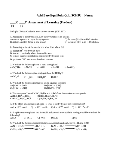 ACIDS AND BASES EQUILIBRIUM QUIZ Grade 12 Chemistry Quiz Ka & Kb WITH ANSWERS #9