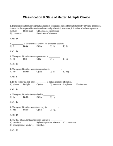 CLASSIFICATION and STATES OF MATTER Multiple Choice Grade 11 Chemistry WITH ANSWERS (16PG)