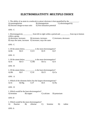 ELECTRON AFFINITY, ELECTRONEGATIVITY MULTIPLE CHOICE Grade 11 Chemistry WITH ANSWERS (11PG)