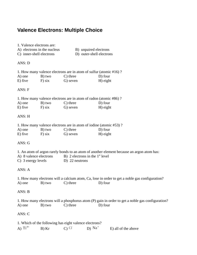 Bonding Capacity & VALENCE ELECTRONS MULTIPLE CHOICE Grade 11 Chemistry WITH ANSWERS  (16PG)