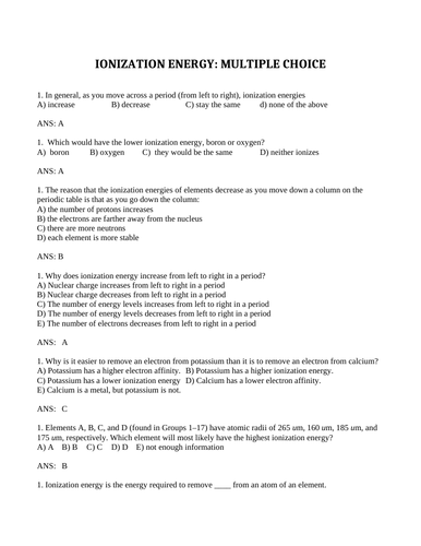 CHEMISTRY IONIZATION ENERGY MULTIPLE CHOICE Grade 11 Chemistry WITH ANSWERS (9PG)