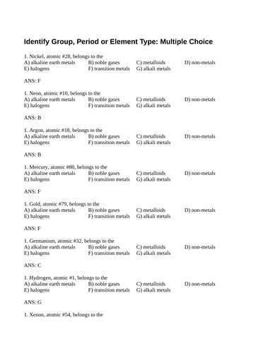 Type of Element, METALS, NON-METALS MULTIPLE CHOICE Grade 11 Chemistry WITH ANSWERS (14PG)