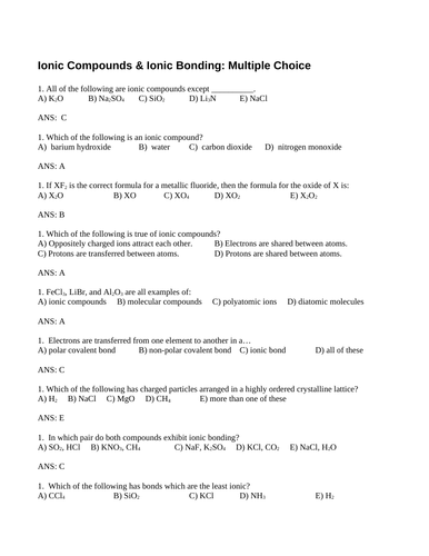 IONIC COMPOUNDS & IONIC BONDING Multiple Choice Grade 11 Chemistry WITH ANSWERS (8PG)
