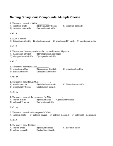 NAMING BINARY IONIC and COVALENT COMPOUNDS Multiple Choice Grade 11 Chemistry