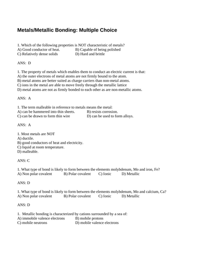 METALS and METALLIC BONDING Multiple Choice Grade 11 Chemistry WITH ANSWERS (6PG)