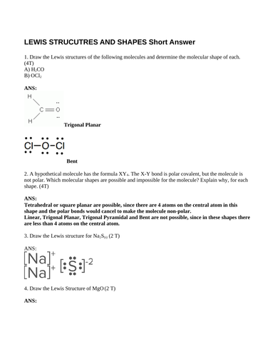 LEWIS STRUCTURES and MOLECULAR SHAPES Short Answer Grade 11 Chemistry WITH ANSWERS (12PG)