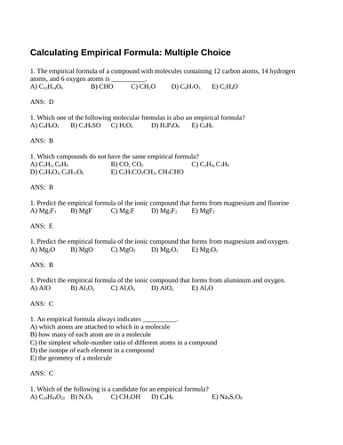 MOLECULAR & EMPIRICAL FORMULA Multiple Choice Grade 11 Chemistry WITH ANSWERS (10PG)