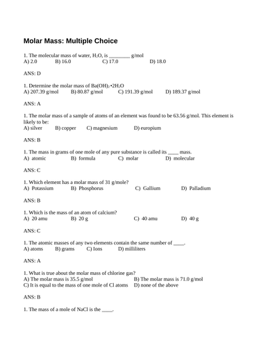 CONVERTING MASS TO MOLES and MOLAR MASS Multiple Choice Grade 11 Chemistry WITH ANSWERS (15PG)