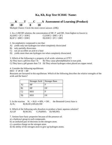 ACIDS & BASES EQUILIBRIA Test Kb Ka Ksp Grade 12 Chemistry SCH4U WITH ANSWER #9