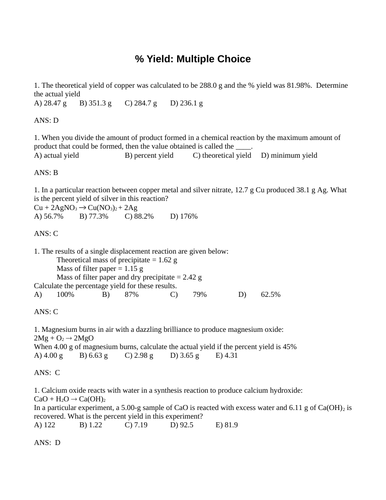 STOICHIOMETRY PERCENT YIELD MULTIPLE CHOICE Grade 11 Chemistry & Actual Yield WITH ANSWERS (5PG)