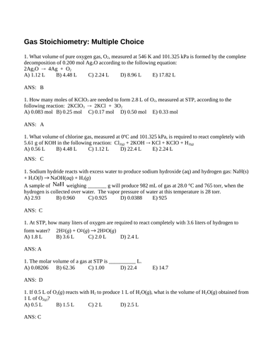 GAS STOICHIOMETRY MULTIPLE CHOICE Grade 11 Chemistry Molar Volume WITH ANSWERS (8PG)
