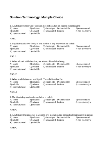 SOLUTION TERMINOLOGY & DEFINITIONS Multiple Choice Grade 11 Chemistry WITH ANSWERS (7PG)