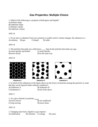 PROPERTIES OF GASES, Kinetic Molecular Theory Multiple Choice Grade 11 Chemistry WITH ANSWERS (9PG)