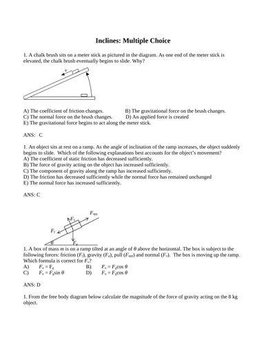 PHYSICS INCLINE PLANES Multiple Choice Grade 11 Physics WITH ANSWERS (12PG)