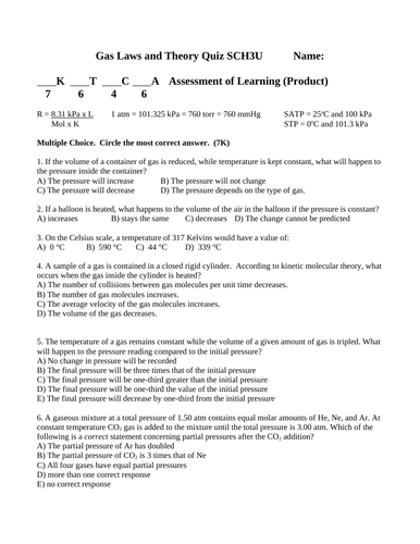 GAS LAW QUIZ & Gases Theory Quiz Grade 11 Chemistry Quiz SCH3U WITH ANSWERS #11