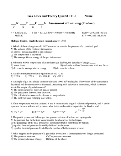 Gases Theory and GAS LAWS QUIZ Grade 11 Chemistry SCH3U Quiz WITH ANSWERS #12