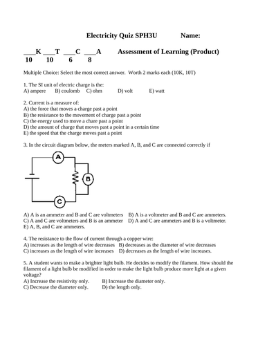 ELECTRICITY QUIZ Voltage Current Resistance Grade 11 Physics SPH3U WITH ANSWERS #10