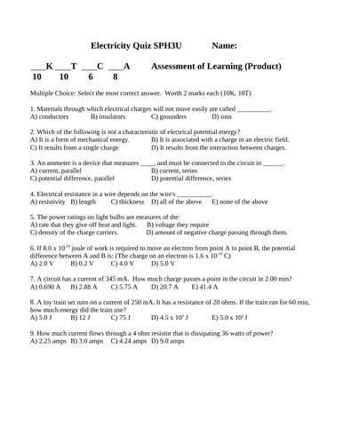 ELECTRICITY QUIZ Current Voltage Power SPH3U Grade 11 Physics Quiz WITH ANSWERS #12