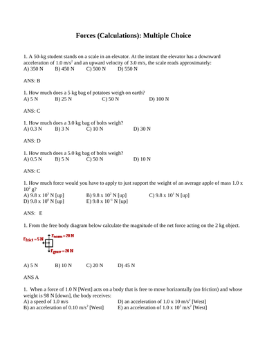 CALCULATING FORCES Normal, Gravity, Net Force Multiple Choice Grade 11 Physics WITH ANSWERS (9PG)