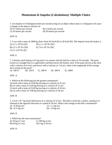 CALCULATING MOMENTUM and IMPULSE Physics Multiple Choice WITH ANSWERS (10PG)