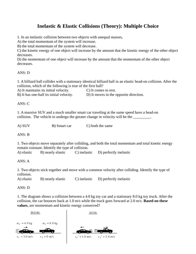 COLLISIONS Inelastic and Elastic Collisions Physics Multiple Choice WITH ANSWERS (16PG)