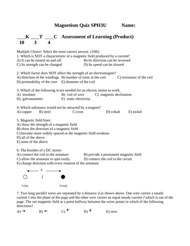 MAGNETISM QUIZ Magnets, Magnetic Field Lines Grade 11 Physics WITH ANSWERS #11