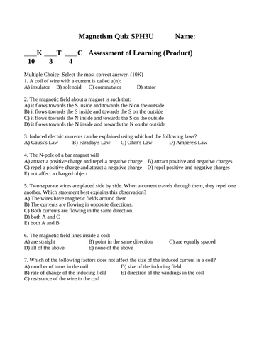 3 Physics Magnetism Quizzes Sph3u Magnetic Fields And Magnets Quiz With