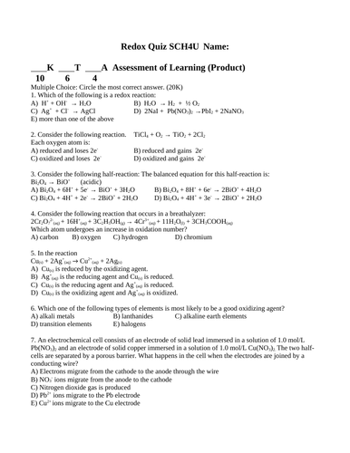 CHEMISTRY REDOX QUIZ Redox Reactions Quiz Grade 12 Chemistry SCH4U WITH ANSWERS #9