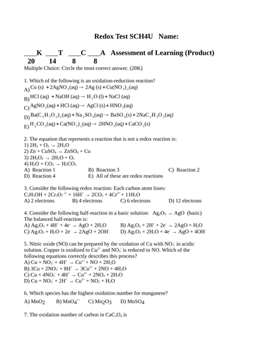 CHEMISTRY REDOX TEST Redox Reactions Test Grade 12 Chemistry SCH4U WITH ANSWERS #9