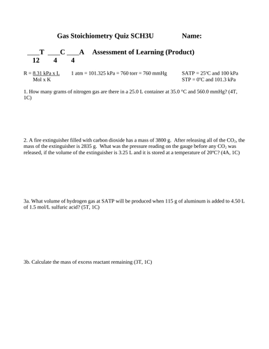 GAS STOICHIOMETRY QUIZ & Ideal Gas Law Grade 11 Chemistry SCH3U WITH ANSWERS #11
