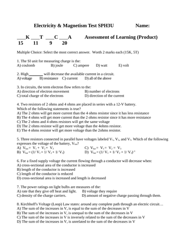 MAGNETISM and ELECTRICITY UNIT TEST Grade 11 Physics Test WITH ANSWERS #10