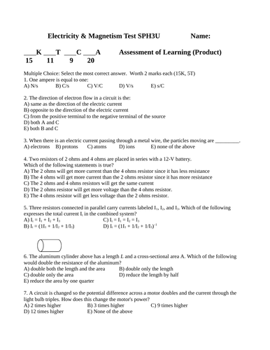 ELECTRICITY and MAGNETISM TEST Grade 11 Physics SPH3U Test WITH ANSWERS #11