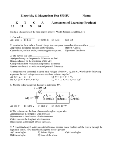 MAGNETISM and ELECTRICITY TEST Grade 11 Physics Test SPH3U WITH ANSWERS #12