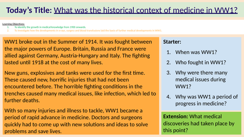 L1: WW1 Medicine intro (MTT GCSE History Edexcel) | Teaching Resources