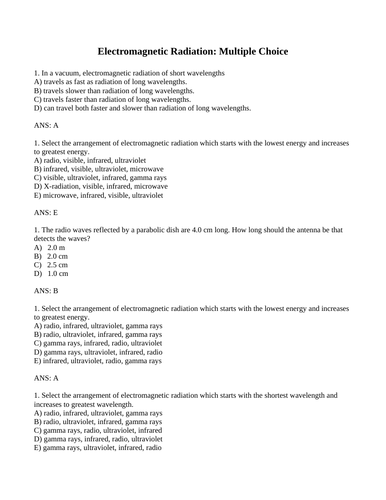 ELECTROMAGNETIC RADIATION Physics Multiple Choice energy frequency WITH ANSWERS (10PG)