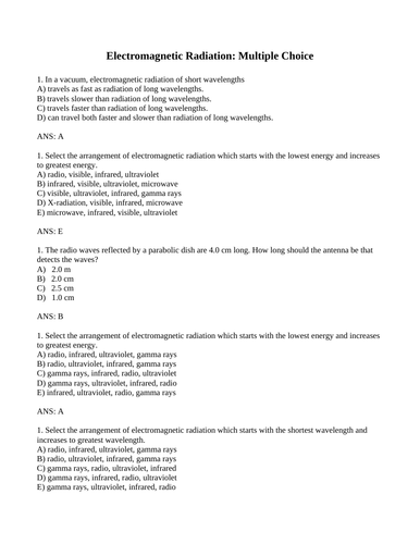 PHYSICS ELECTROMAGNETIC WAVES & LIGHT Multiple Choice WITH ANSWERS ...