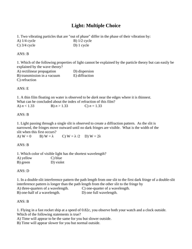 PHOTONS & LIGHT WAVES Physics Multiple Choice frequency speed WITH ANSWERS (21PG)