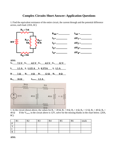 COMPLEX CIRCUITS Grade 11 Physics S.A. Voltage, Power, Current WITH ANSWERS (10PG)