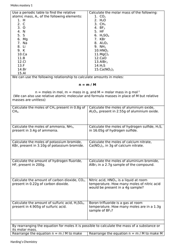 KS4 or KS5 mass, Mr and moles mastery sheet