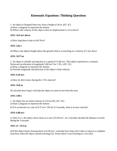 KINEMATIC EQUATIONS PHYSICS S.A. Acceleration, Velocity, Motion WITH ANSWERS (9PG)