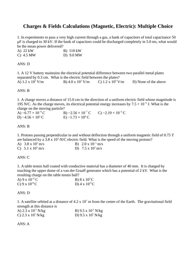 CHARGED PARTICLES, MAGNETIC & ELECTRIC FIELDS Physics Multiple Choice WITH ANSWERS (13PG)