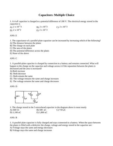 CAPACITORS, CAPACITANCE & PARALLEL PLATES Physics Multiple Choice WITH ANSWERS (16PG)