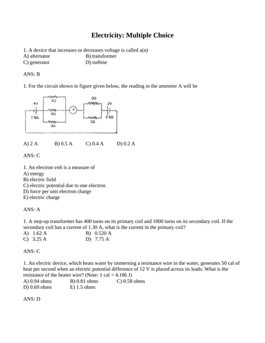 ELECTRICITY Physics Multiple Choice Resistance, Current, Voltage WITH ANSWERS (16PG)