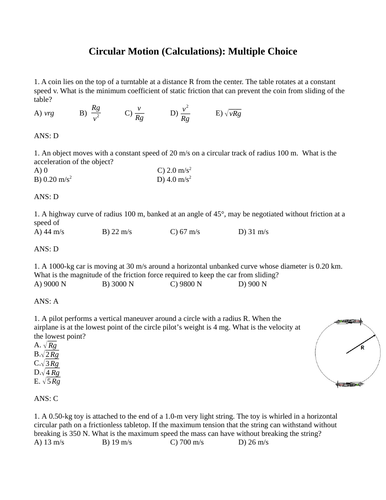 CIRCULAR MOTION, Centripetal Acceleration and Force, Physics Multiple Choice WITH ANSWERS (10PG)