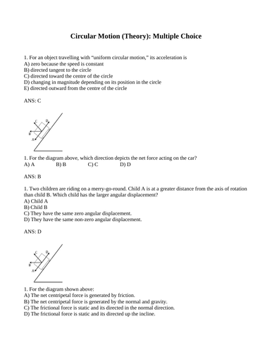 CIRCULAR MOTION THEORY Angular speed, Centripetal Force Physics Multiple Choice WITH ANSWERS (11PG)