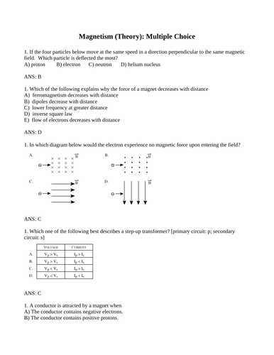 MAGNETISM PHYSICS MULTIPLE CHOICE Magnets, Magnetic Fields & Force WITH ANSWERS (22PG)