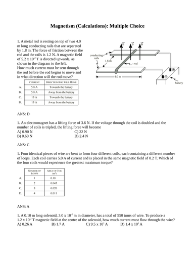 MAGNETISM CALCULATIONS Physics Multiple Choice Solenoids, Coils, Fields WITH ANSWERS (17PG)