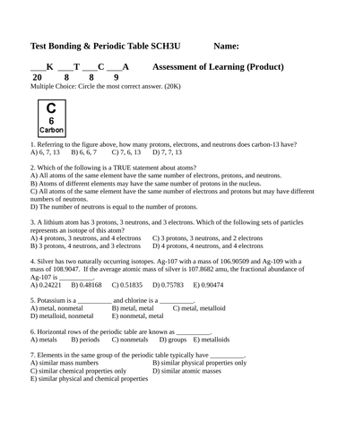 BONDING and PERIODIC TABLE UNIT TEST Grade 11 Chemistry SCH3U WITH ANSWERS #14